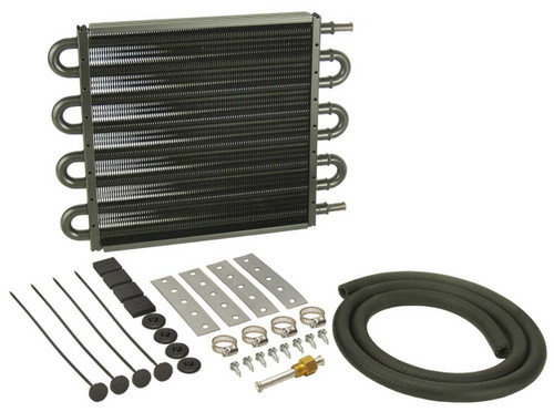 Derale 13107 Fluid Cooler, 12.750 x 10.250 x 0.750 in, Tube Type, 11/32 in Hose Barb Inlet / Outlet, Fitting / Hardware / Hose, Aluminum / Copper, Black Powder Coat, Automatic Transmission, Kit