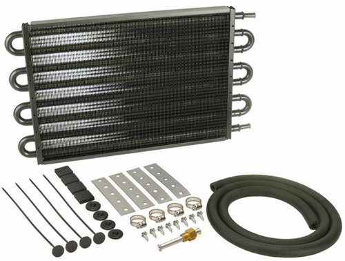 Derale 13204 Fluid Cooler, 16.625 x 10.250 x 0.750 in, Tube Type, 11/32 in Hose Barb Inlet / Outlet, Fitting / Hardware / Hose, Aluminum / Copper, Black Powder Coat, Automatic Transmission, Kit