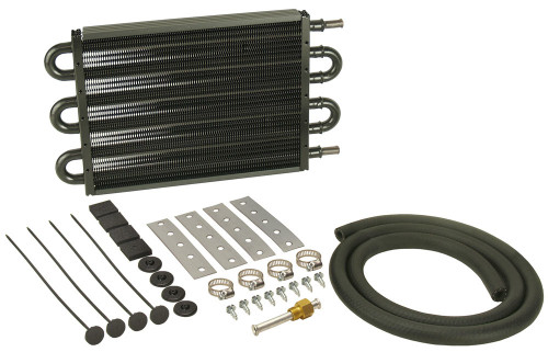 Derale 13206 Fluid Cooler, 12.750 x 7.625 x 0.750 in, Tube Type, 11/32 in Hose Barb Inlet / Outlet, Fitting / Hardware / Hose, Aluminum / Copper, Black Powder Coat, Automatic Transmission, Kit