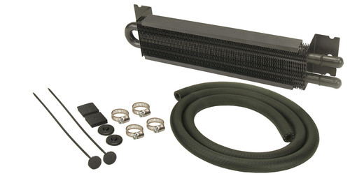 Derale 13211 Fluid Cooler, 7000 Series, 2 Pass, 12.875 in L x 2.625 in W x 1.750 in D, 11/32 in Hose Barb Inlet / Outlet, Hardware / Hose, Aluminum, Black Anodized, Kit