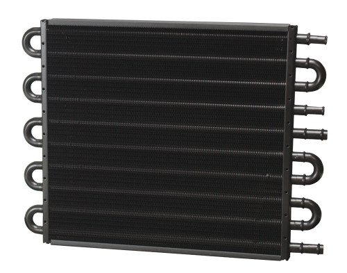 Derale 13302 Fluid Cooler, 4/6 Pass, 16.813 x 12.625 x 0.750 in, Tube Type, 11/32 and 1/2 Hose Barb Inlet / Outlets, Aluminum / Copper, Black Powder Coat, Universal, Each