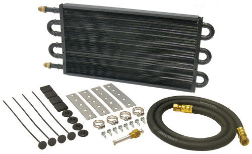 Derale 13303 Fluid Cooler, 17.500 x 7.625 x 0.750 in, Tube Type, 6 AN Male Inlet / Outlet, Fitting / Hardware / Hose, Aluminum / Copper, Black Powder Coat, Automatic Transmission, Kit