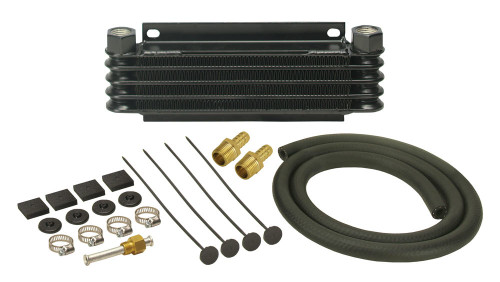 Derale 13611 Fluid Cooler, 9000 Series, 10.125 x 3.875 x 1.250 in, Plate and Fin Type, 1/2 in NPT Female Inlet / Outlet, 3/8 in Hose Barb Adapters, Fitting / Hardware / Hose, Aluminum, Black Powder Coat, Automatic Transmission, Kit