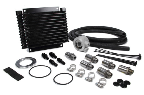 Derale 15405 Fluid Cooler, 9000 Series, 10.125 x 8.875 x 1.250 in, Plate Type, 1/2 in NPT Female Inlet / Outlet, Fittings / Hardware / Hose, Aluminum, Black Powder Coat, Engine Oil, Kit