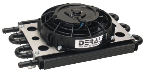 Derale 15830 Fluid Cooler and Fan, 12.750 x 7.625 x 3.750 in, Tube Type, 1/2 in Hose Barb Inlet / Outlet, Aluminum / Copper, Black Powder Coat, Universal, Each
