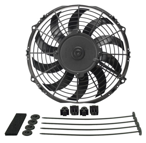 Derale 16110 Electric Cooling Fan, High Output, 10 in Fan, Puller, 802 CFM, 12V, Curved Blade, 11-1/8 x 10-1/2 in, 2-1/16 in Thick, Install Kit, Plastic, Kit