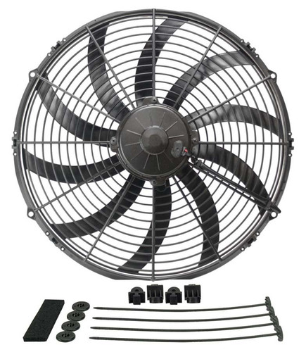 Derale 16116 Electric Cooling Fan, High Output, 16 in Fan, Puller, 2024 CFM, 12V, Curved Blade, 16-1/4 x 15-5/8 in, 3-1/2 in Thick, Install Kit, Plastic, Kit