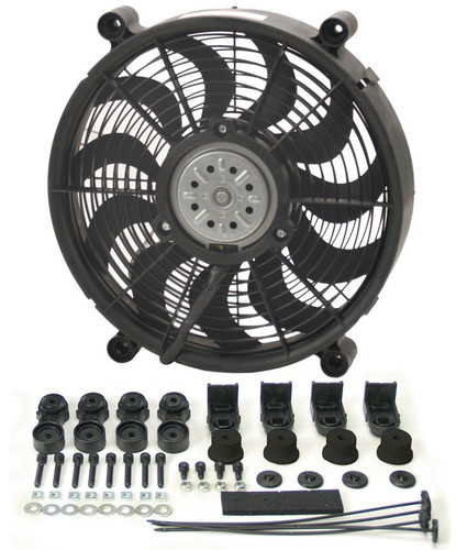 Derale 16214 Electric Cooling Fan, HO RAD, 14 in Fan, Push / Pull, 2100 CFM, 12V, Curved Blade, 14-1/2 x 13-1/4 in, 2-5/8 in Thick, Install Kit, Plastic, Kit