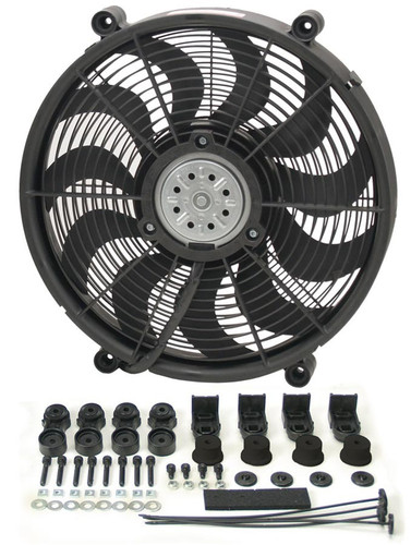 Derale 16217 Electric Cooling Fan, HO RAD, 17 in Fan, Push / Pull, 2400 CFM, 12V, Curved Blade, 16-7/8 x 15-5/8 in, 2-5/8 in Thick, Install Kit, Plastic, Kit