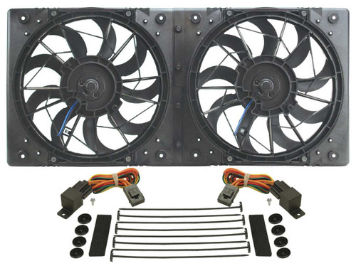 Derale 16812 Electric Cooling Fan, HO RAD, Dual 10 in Fan, Puller, 1360 CFM, 12V, Curved Blade, 24-3/4 x 11-1/2 in, 3 in Thick, Install Kit, Plastic, Kit