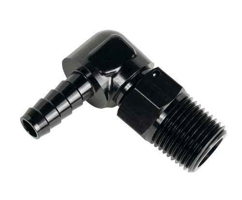 Derale 59406 Fitting, Adapter, 90 Degree, 7/8-14 in NPT Male to 3/8 in Hose Barb, Aluminum, Black Anodized, Each