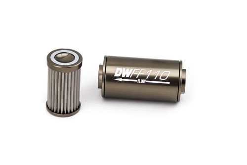 Deatschwerks 8-03-110-100K Fuel Filter, In-Line, 100 Micron, Stainless Element, 10 AN Female O-Ring Inlet, 10 AN Female O-Ring Outlet, 110 mm Long, Aluminum, Titanium Anodized, Each