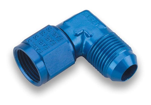 Earls 921103ERL Fitting, Adapter, 90 Degree, 3 AN Female Swivel to 3 AN Male, Aluminum, Blue Anodized, Each