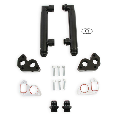 Earls LS0040ERL Water Pump Plumbing Kit, Two Crossover Tubes, Water Pump Spacer / Gaskets / Hardware Included, 12 AN Female Adapter Fittings, 12 AN Ports, 16 AN Male Inlet and Outlet, Aluminum, Black Anodized, GM LS-Series, Kit