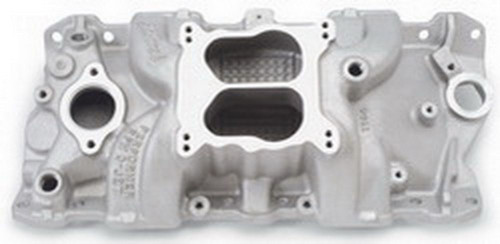 Edelbrock 7104 Intake Manifold, Performer RPM Q-Jet, Spread / Square Bore, Dual Plane, Aluminum, Natural, Small Block Chevy, Each