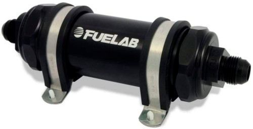 Fuelab Fuel Systems 82802-1 Fuel Filter, In-Line, 10 Micron, 5 in Paper Element, 8 AN Male Inlet, 8 AN Male Outlet, Aluminum, Black Anodized, Each