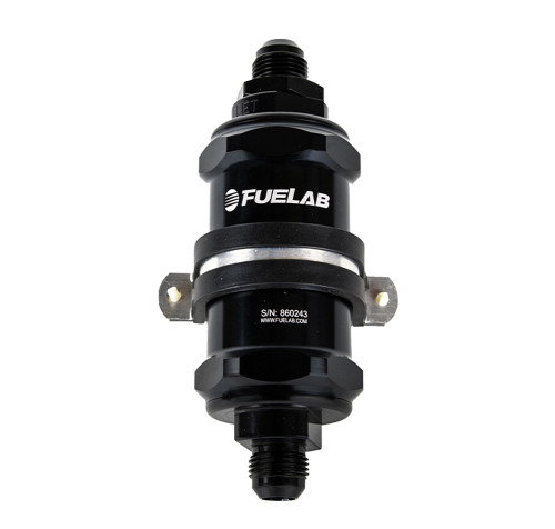 Fuelab Fuel Systems 84801-1 Fuel Filter, In-Line, 10 Micron, 3 in Paper Element, 6 AN Male Inlet, 6 AN Male Outlet, Integrated Check Valve, Aluminum, Black Anodized, Each