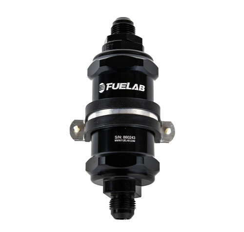 Fuelab Fuel Systems 84832-1 Fuel Filter, In-Line, 6 Micron, 3 in Microglass Element, 8 AN Male Inlet, 8 AN Male Outlet, Integrated Check Valve, Aluminum, Black Anodized, Each