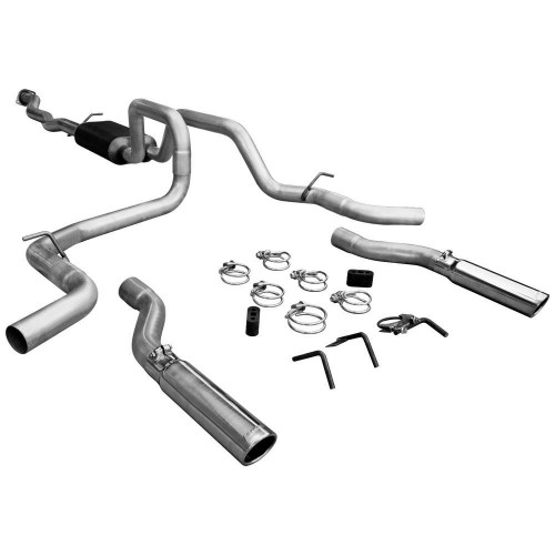 Flowmaster 17436 Exhaust System, American Thunder, Cat-Back, 3 in Diameter, Dual Rear / Side Exit, 3 in Polished Tips, Steel, Aluminized, GM LS-Series, GM Fullsize Truck 2004-06, Kit