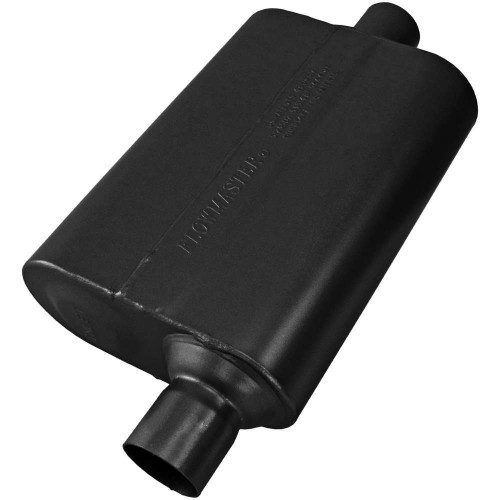 Flowmaster 842446 Muffler, Super 44, 2-1/4 in Offset Inlet, 2-1/4 in Center Outlet, 13 x 9-3/4 x 4 in Oval Body, 19 in Long, Stainless, Black Paint, Each