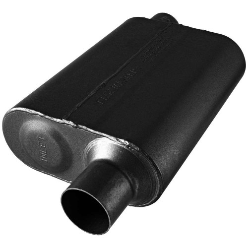 Flowmaster 842548 Muffler, Super 44, 2-1/2 in Offset Inlet, 2-1/2 in Offset Outlet, 13 x 9-3/4 x 4 in Oval Body, 19 in Long, Stainless, Black Paint, Each