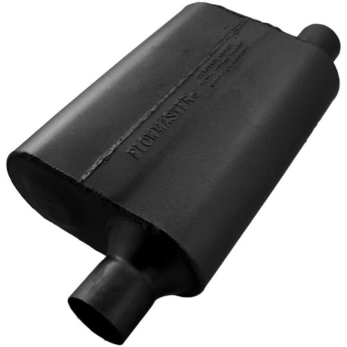 Flowmaster 942444 Muffler, 40 Delta, 2-1/4 in Offset Inlet, 2-1/4 in Offset Outlet, 13 x 9-3/4 x 4 in Oval Body, 19 in Long, Steel, Black Paint, Universal, Each