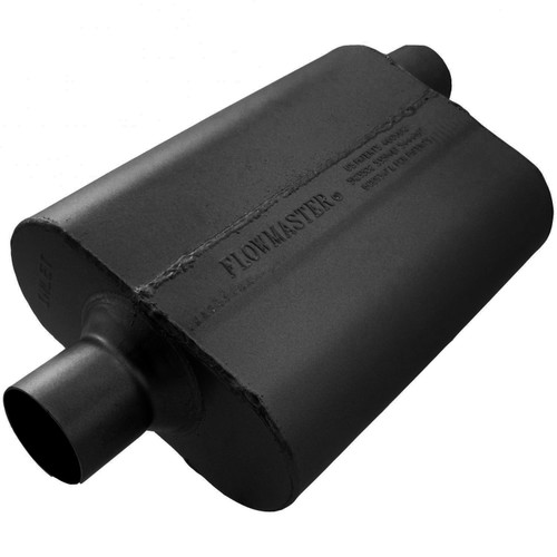 Flowmaster 942542 Muffler, 40 Delta, 2-1/2 in Center Inlet, 2-1/2 in Offset Outlet, 13 x 9-3/4 x 4 in Oval Body, 19 in Long, Steel, Black Paint, Universal, Each