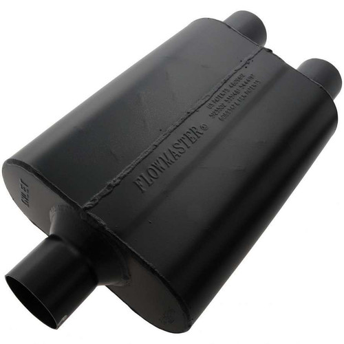 Flowmaster 9425472 Muffler, Super 44, 2-1/2 in Center Inlet, Dual 2-1/2 in Outlets, 13 x 9-3/4 x 4 in Oval Body, 19 in Long, Steel, Black Paint, Each