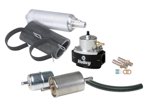 Holley 526-4 Fuel System, Terminator EFI, Filters / Fittings / Reinforced Rubber Hose / Pump / Regulator, 6 AN, Black / Silver, Kit