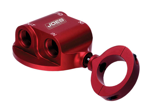 Joes Racing Products 42510 Oil Filter Mount, Clamp-On, 1/2 in NPT Ports, 13/16-16 in Center Thread, Aluminum, Red Anodized, 1-1/4 in Tube, HP4 Filters, Each