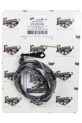 Lokar VS-20C64 Kickdown Cable, Vintage Series, 60 in Length, Woven Cotton, Aluminum Fittings, Black / Blue, Ford C6, Kit