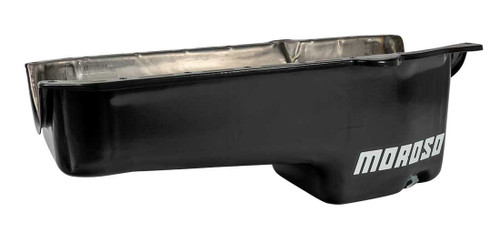 Moroso 20172 SBC Oil Pan, Stock, Rear Sump, 5 Quarts, 7-1/2 in. Deep, Steel, Black Powdercoated, Each