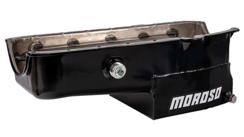Moroso 21322 SBC Oil Pan, Oval Track, Rear Sump, 7 Quarts, 7-1/2 in. Deep, Trap Door Baffle, Inspection Bung, Steel, Black Powdercoated, Each