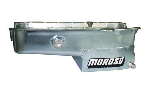 Moroso 21323 Engine Oil Pan, Oval Track, Rear Sump, 7 qt, 7-1/2 in Deep, Trap Door Baffles, Inspection Bung, Steel, Clear Zinc, Small Block Chevy, Each