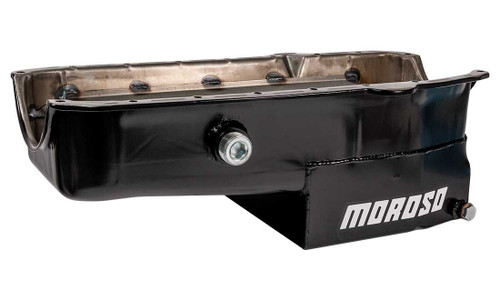 Moroso 21323 SBC Oil Pan, Oval Track, Rear Sump, 7 Quarts, 7-1/2 in. Deep, Trap Door Baffles, Inspection Bung, Steel, Black Powdercoated, Each