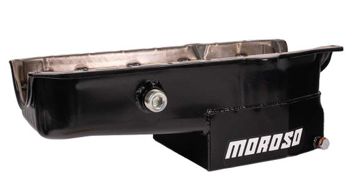 Moroso 21324 SBC Oil Pan, Oval Track, Rear Sump, 7 Quarts, 7-1/2 in. Deep, Trap Door Baffles, Inspection Bung, Steel, Black Powdercoated, Each