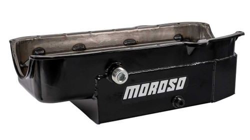 Moroso 21325 SBC Oil Pan, Oval Track, Rear Sump, 8 Quarts, 6-1/2 in. Deep, Trap Door Baffles, Inspection Bung, Steel, Black Powdercoated, Each