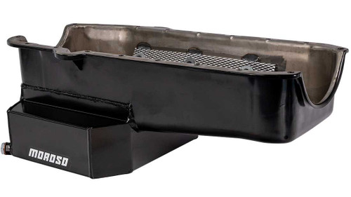 Moroso 21814 SBC Oil Pan, Road/Drag Race, Rear Sump, 7 Quarts, 7-1/2 in. Deep, 4-Bolt Caps, Passenger Side Dipstick, Steel, Black Powdercoated, Each