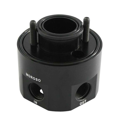 Moroso 23691 Oil Cooler Adapter, Sandwich, Bolt-On, 10 AN Female Inlet, 10 AN Female Outlet, Aluminum, Black Anodized, Chevy V8, Each