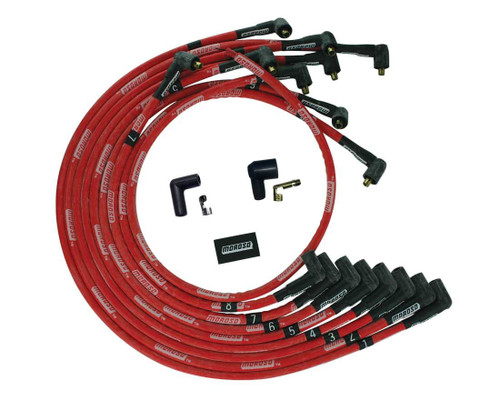 Moroso 52544 Spark Plug Wire Set, Ultra, Spiral Core, 8 mm, Sleeved, Red, 90 Degree Plug Boots, Socket Style, Under The Header, Big Block Chevy, Kit