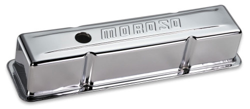 Moroso 68102 Valve Cover, Stock Height, Without Baffles, Moroso Logo, Steel, Chrome, Small Block Chevy, Pair