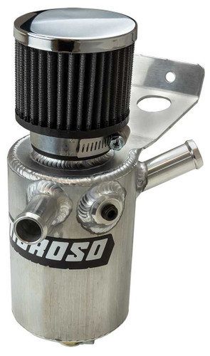 Moroso 68863 Breather Tank, 2-1/2 in Diameter, 9 in Tall, Two 3/4 in Hose Barb Inlets / One 3/8 in NPT Female Inlet, Petcock Drain, Breather Included, Aluminum, Natural, Each