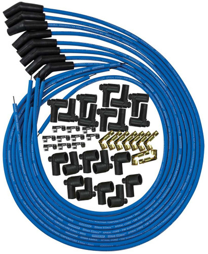 Moroso 73220 Spark Plug Wire Set, Blue Max, Spiral Core, 8 mm, Blue, 135 Degree Plug Boots, HEI / Socket Style, Cut-To-Fit, V8, Kit-1