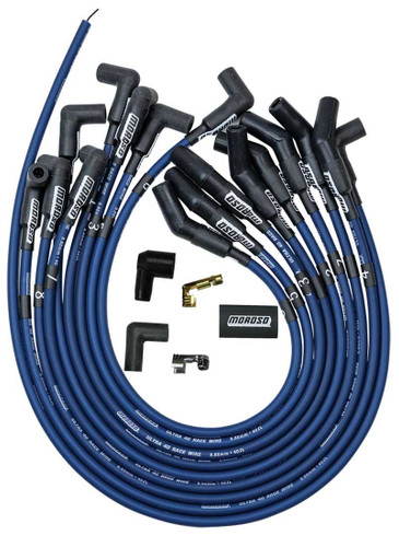 Moroso 73675 Spark Plug Wire Set, Ultra 40, Spiral Core, 8.65 mm, Blue, 135 Degree Plug Boots, HEI Style Terminal, Cut-To-Fit, Small Block Ford, Kit