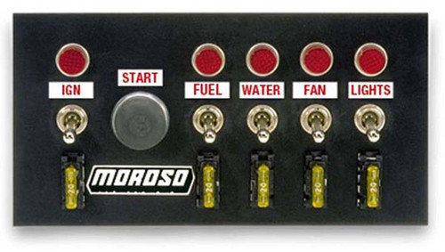 Moroso 74131 Switch Panel, Dash Mount, 7-3/4 x 4 in, 5 Toggles / 1 Momentary Button, Indicator Lights, Black, Kit