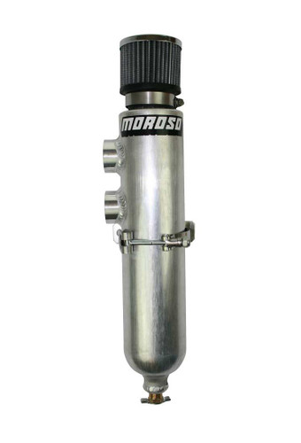 Moroso 85394 Breather Tank, 3 in Diameter x 17 in Tall, Dual 16 AN Female Inlet, Breather Included, Petcock Drain, Aluminum, Natural, Each