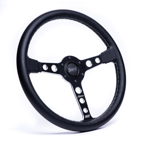 Mpi Usa MPI-ATDR-70 BSPM Steering Wheel, Autodromo, 14 in Diameter, 25 mm Dish, 3-Spoke, Black Leather Grip, Aluminum, Black Anodized, Each