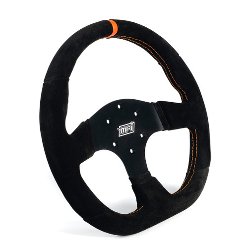 Mpi Usa MPI-GT2-13 Steering Wheel, Touring, 13 in Diameter, D-Shaped, 1-1/4 in Dish, 3-Spoke, Black Suede Grip, Orange Stripe, Aluminum, Black Anodized, Each