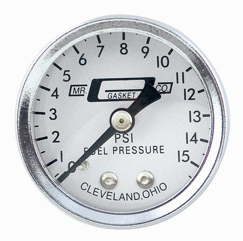 Mr. Gasket 1561 Fuel Pressure Gauge, 0-15 psi, Mechanical, Analog, Full Sweep, 1-1/2 in Diameter, 1/8 in NPT Port, White Face, Each