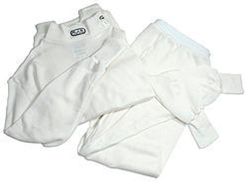 Rjs Safety 800010004 Underwear Set, 2 Piece Bottom / Top, SFI 3.3, Long Sleeve, Crew Neck, Nomex, White, Medium, Each